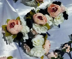 19 Pc Wedding Bouquet Pkg, Ivory, Navy Blue Roses, Blush Peony, Navy & Pink
