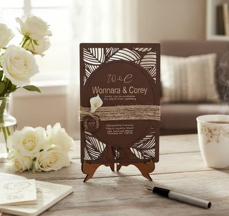 Elegant Wooden Wedding Invitation with Laser-Cut Design