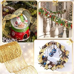 2 Rolls Gold Christmas Ribbon Glitter Mesh Wired Ribbons 2.5 Inch x 20 Yards