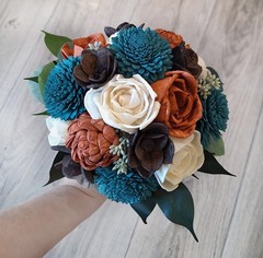Teal Burnt Orange Bridal Cascade Bouquet Calla Lily Sola Wood Wedding Flowers