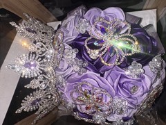 Artificial Purple Rose Wedding Bouquet, Silver Rhinestone & Tiara Accents