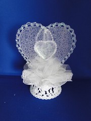 New Elegant Wedding Caketop frosted glass look heart & white satin flowers #269