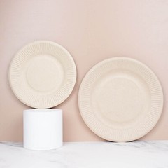 50 Round 8″ NATURAL Bagasse Sustainable Salad PLATES Ribbed Rim Party Events
