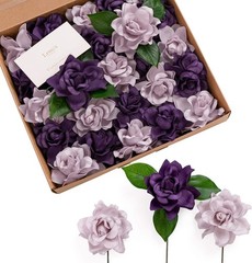 Ling’s Moment Flowers 25 Pcs Fake Gardenia Lilac & Purple Flowers Boutonnieres