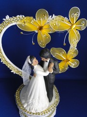 New Medium Dark skin Bride & Groom Wedding CakeTop, gold decor & heart, #341