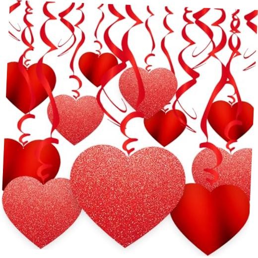30 Pcs Valentine’s Day Heart Swirl Hanging Decorations Hanging Heart Swirl Red