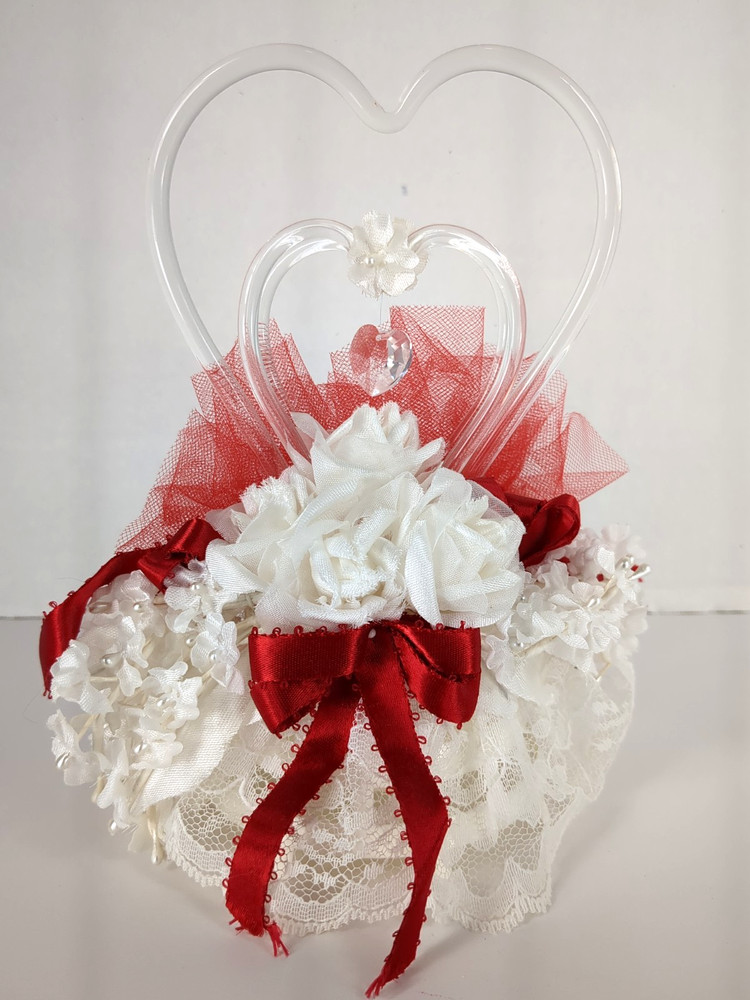 Vintage Lomey Wedding Anniversary Cake Topper Triple Heart Floral Red White 7.5″