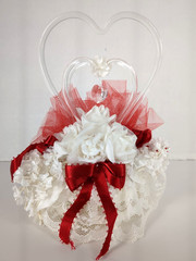 Vintage Lomey Wedding Anniversary Cake Topper Triple Heart Floral Red White 7.5″
