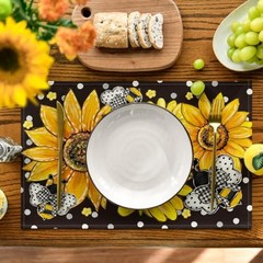 Sunflower Bee Flower Polka Dot Summer 12″ x 18″, Rectangular 4 Pcs Black