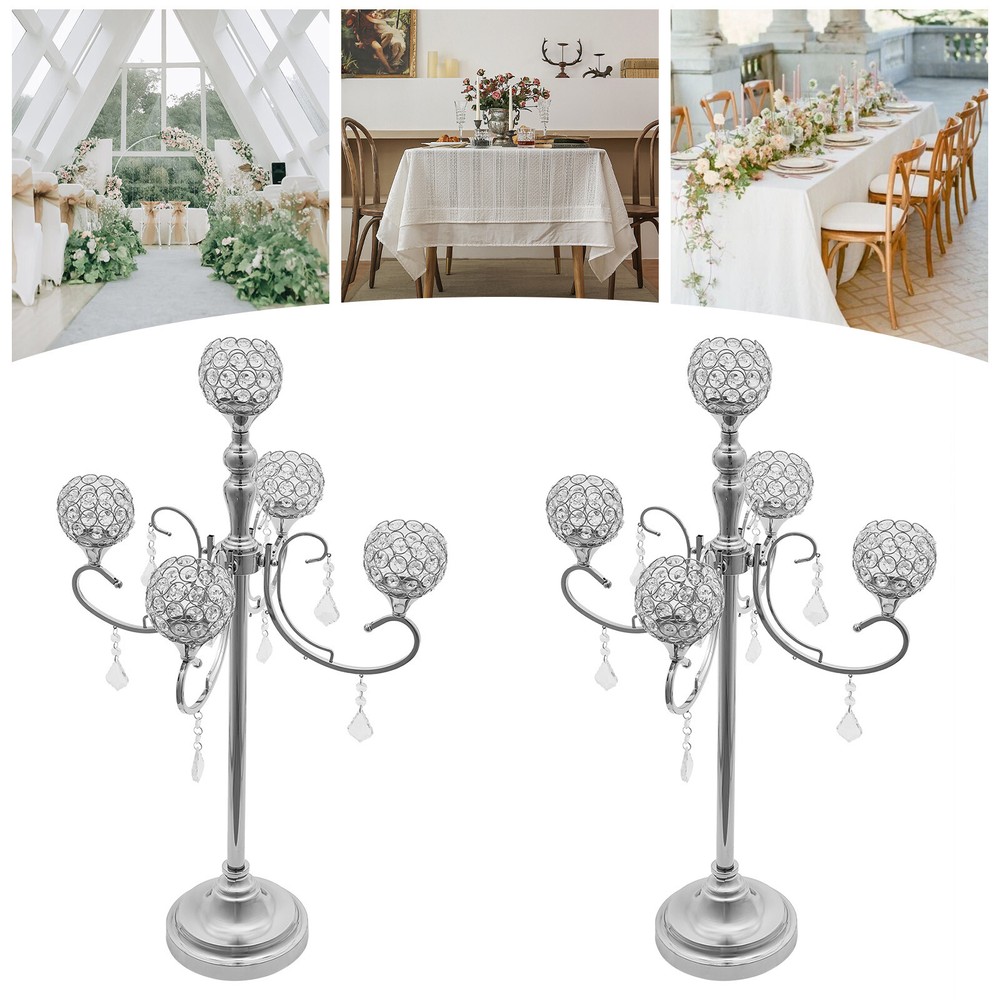 5 Arms Crystal Candelabra Freestanding Candle Holder Centerpiece Silver