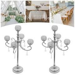 5 Arms Crystal Candelabra Freestanding Candle Holder Centerpiece Silver