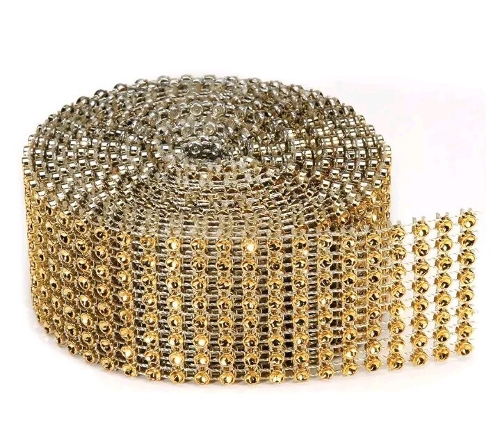 20 Yards Rhinestone Ribbon 2 Rolls Diamond Ribbon for Crafts, Cake, Gold, 8 Row