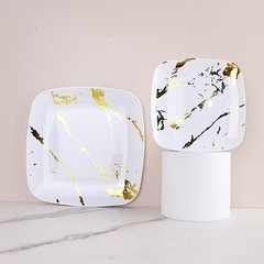 10 WHITE GOLD Square Metallic Marble Plastic Salad DINNER PLATES Party Tableware