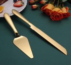 Elegant Wedding Cake Cutting Set Gold Knife Server Rounded Edges Pie Cutter Food