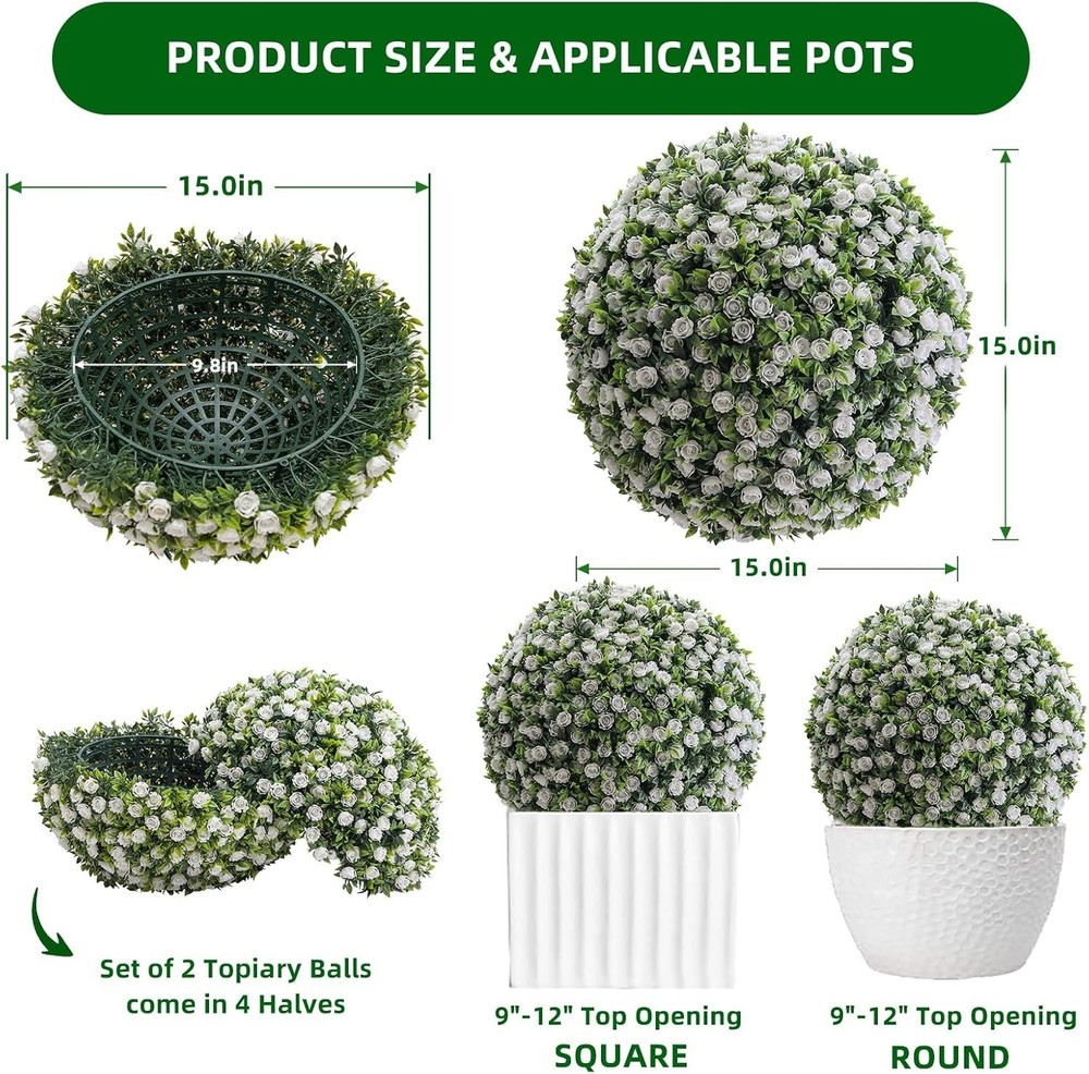2-Pack Artificial Flower Ball Topiary, UV Resistant, Wedding Garden Decor, White