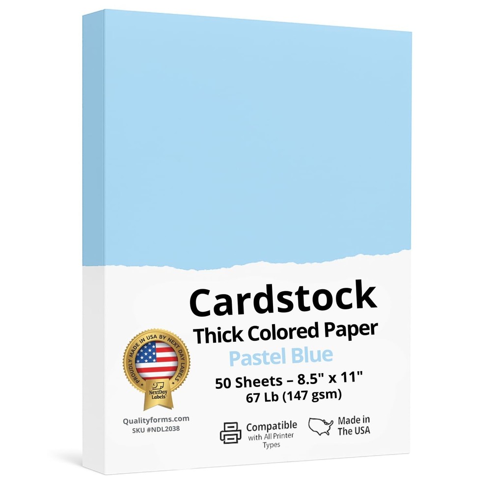 NextDayLabels Color Cardstock Paper – 50 Sheets – 8-1/2″ x 11″, Pastel Blue