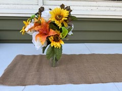 24 Orange, Brown, yellow, white, green, floral wedding centerpieces & burlap.