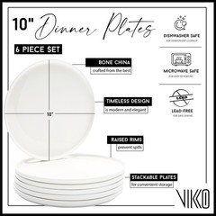 Vikko Dinner Plate Set Of 6 White Plates Elegant Bone China Raised Rim