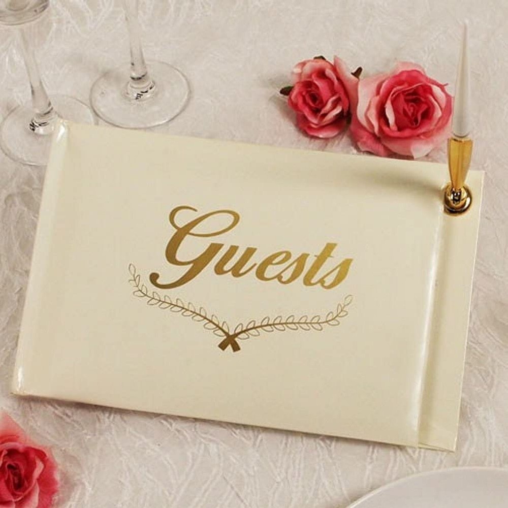 Ivory Guest Book With White Pen and Gold Holder – 9 1/2in. x 6in. (5114-4)