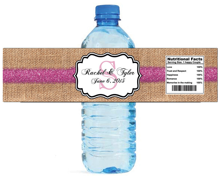 100 Burlap Pink Glitter Monogram Wedding Water Bottle Labels Anniversary Party