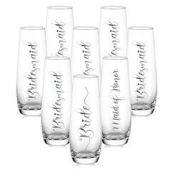 Champagne Glasses Bridal Bride x 1 + Maid of Honor x 1 + Birdesmaid x 6 Silver