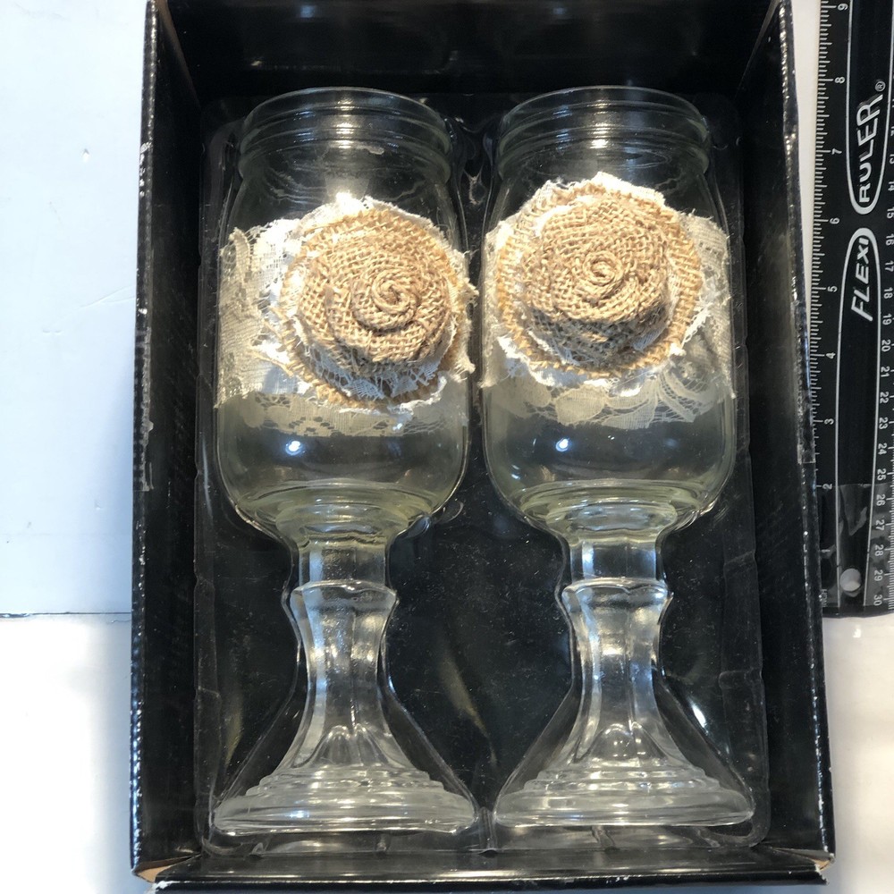 Wedding Glasses Toasting Mason Jars Burlap Lace Rustic