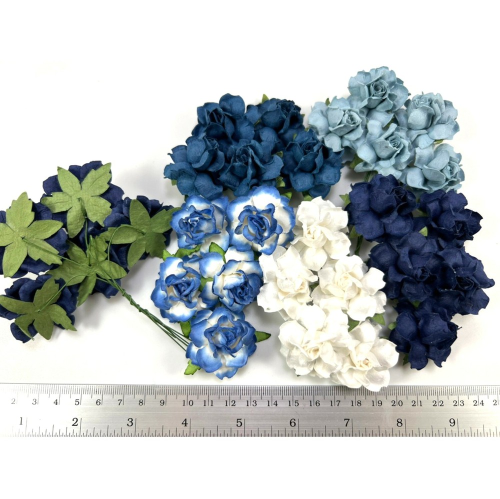 1-1/2″ or 3.75 cm White + BOY blue Paper Flower Wedding Scrapbook Rose (R21-609)