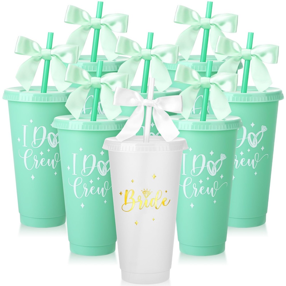Ovveroche 8 Pcs Bridesmaid Cups with Lids and Straws, Reusable Small, White