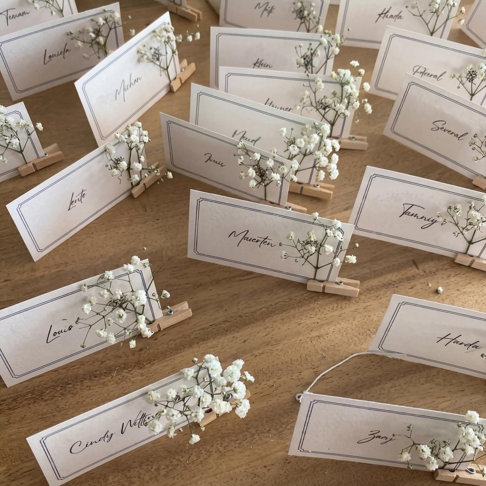 50 PCS Wedding Place Cards Wooden Clip Babys Breath Table Setting Black