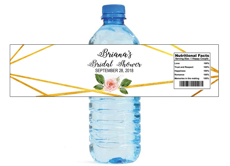 100 Geometric Gold & Pink Peonies Water Bottle Labels Great for Weddings Bridal