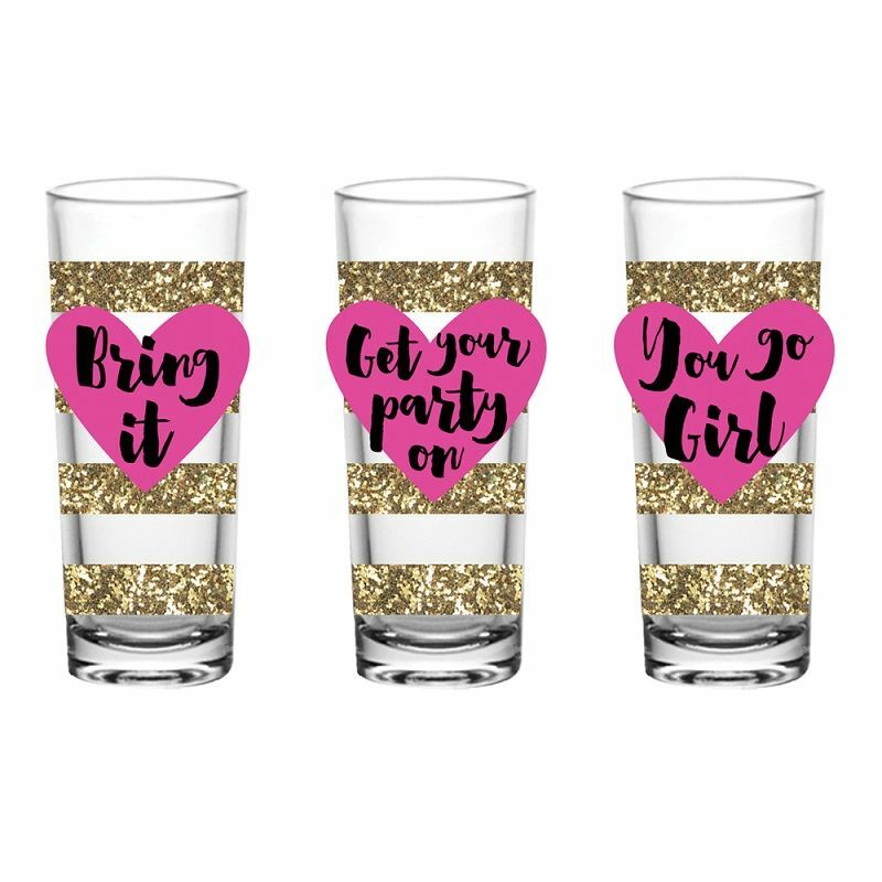 Party Girl 3-Piece Pink Heart and Sparkly Gold Stripes Shot Glass Set
