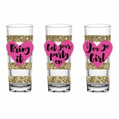 Party Girl 3-Piece Pink Heart and Sparkly Gold Stripes Shot Glass Set