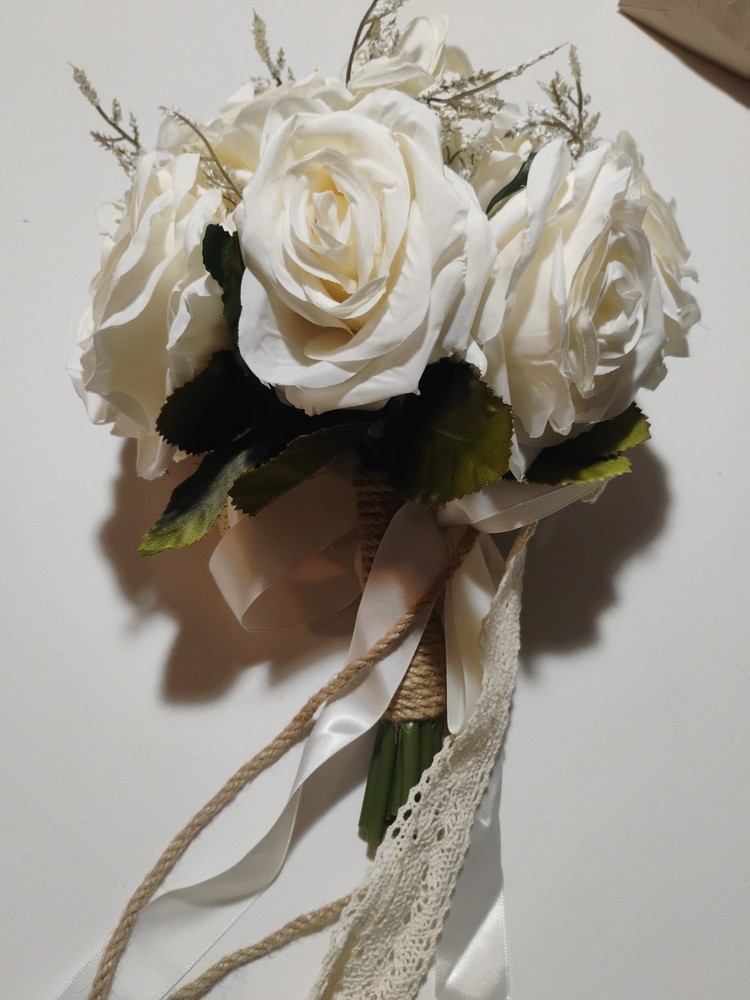 Bouquet White Roses Bride Boutonniere Lace Crochet Boho Cottage Beach Wedding