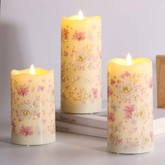 Fiber Optic Flameless Candles with Remote, Pink Floral Φ 3″ x H 5″ 6″ 7″