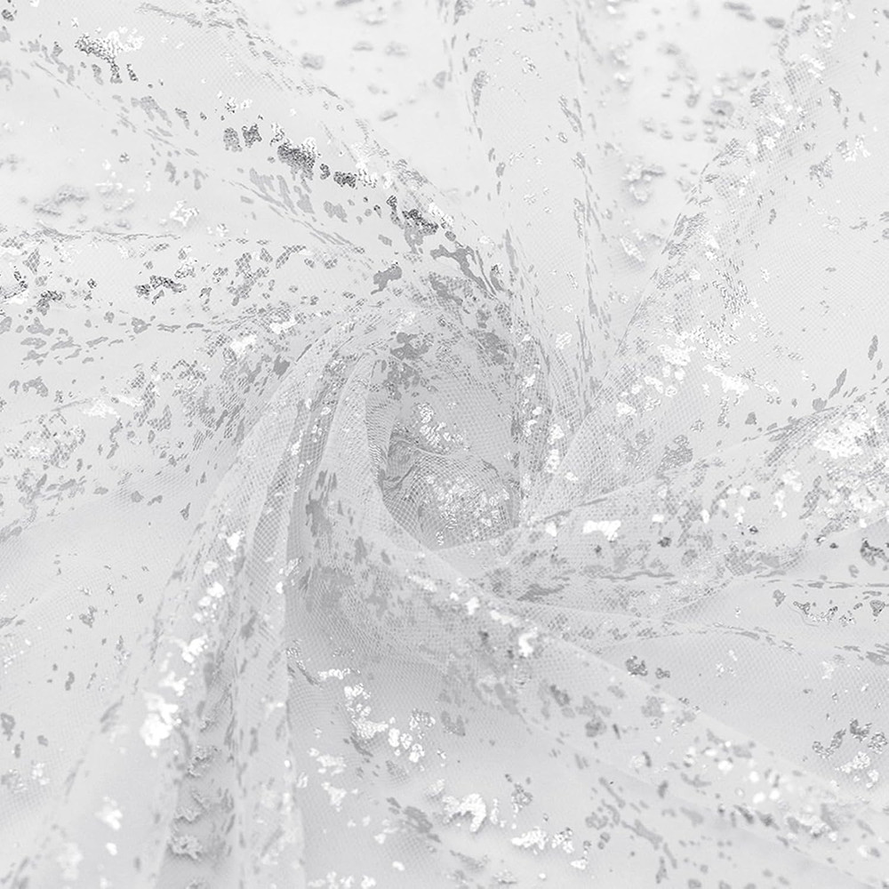 Glitter Tulle Fabric, White Silver Glitter Metallic Foil Sheer Netting Sparkly F