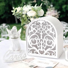 Wooden Gift Box for Reception, White Card Box with Hollow Window, Boho Gift E…