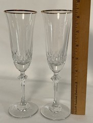 Pair of Cut Crystal Gold Rim Champagne Flutes Wedding Toast