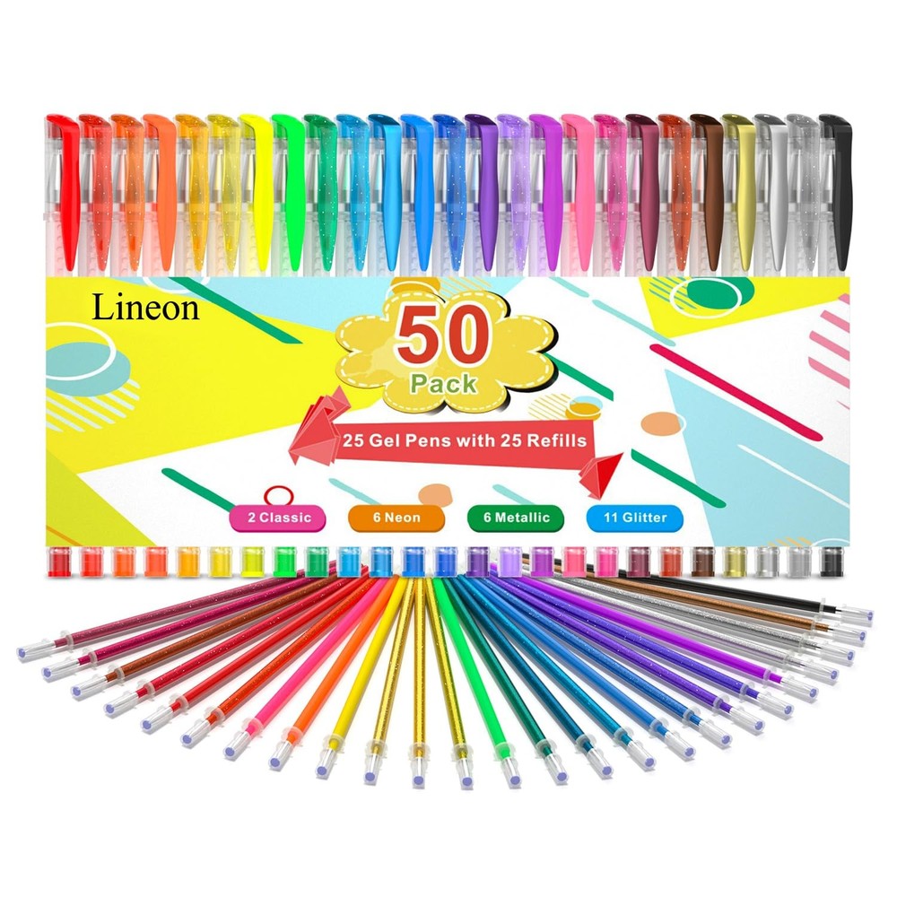Gel Pens, 50 Pack Gel Pen Set 25 Colored Gel Pen with 25 Refills for Adults Colo