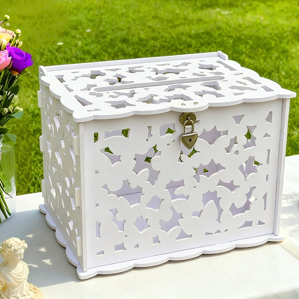 White Butterfly Card Box with Lock & Slot, Elegant Wedding Card Boxes for