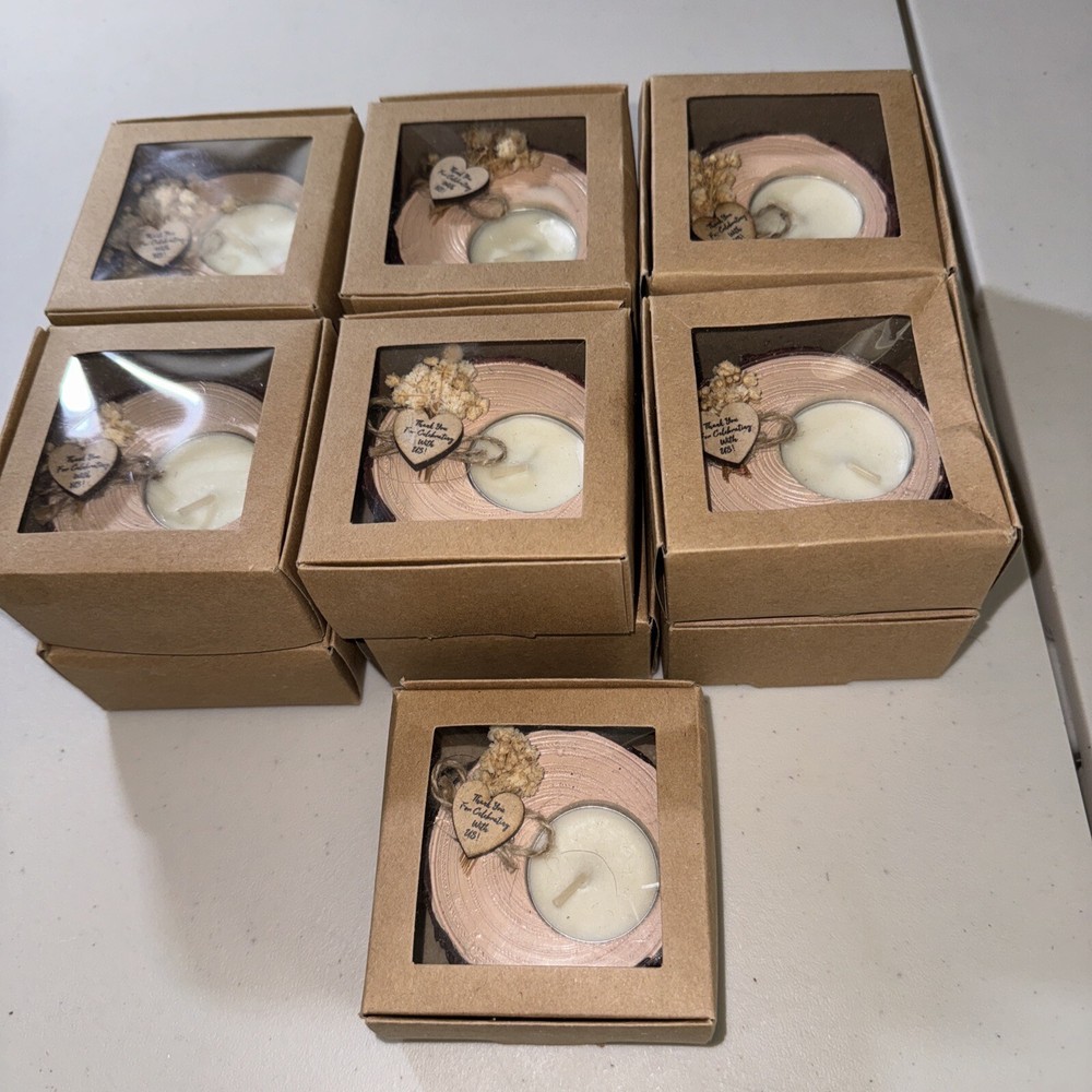13ea. Small Candles Gifts In Brown Window Boxes.”Thanks For Celebrating With Us”