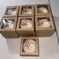 13ea. Small Candles Gifts In Brown Window Boxes.”Thanks For Celebrating With Us”
