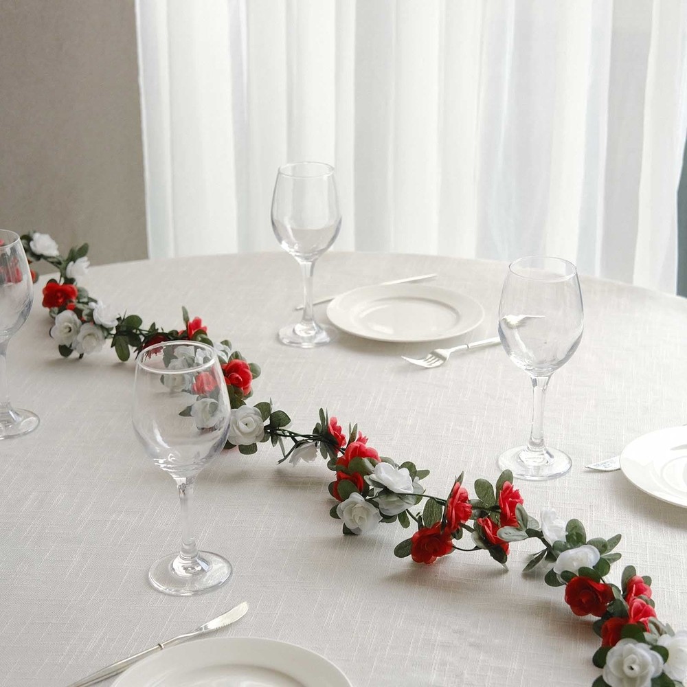 2 RED IVORY 8 ft long Silk Mini Rose Wedding Garland Leaves Bendable Wire Vines