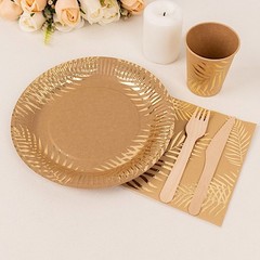 72 NATURAL Disposable Paper TABLEWARE SET GOLD Palm Leaves Print Party Events