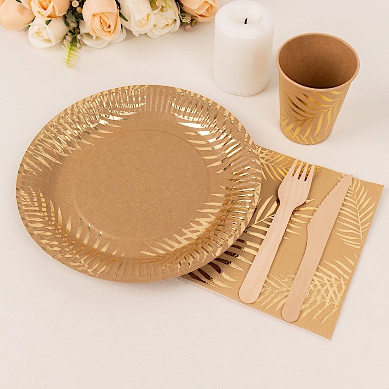 72 NATURAL Disposable Paper TABLEWARE SET GOLD Palm Leaves Print Party Events
