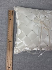 Ivory Satin Crystal Beaded Gems Wedding Ring Bearer Pillow Faux Pearl Accent