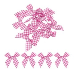 10Pcs Mini Gingham Ribbon Bow 1.5″ Checkered Fabric Satin Dark Pink and White
