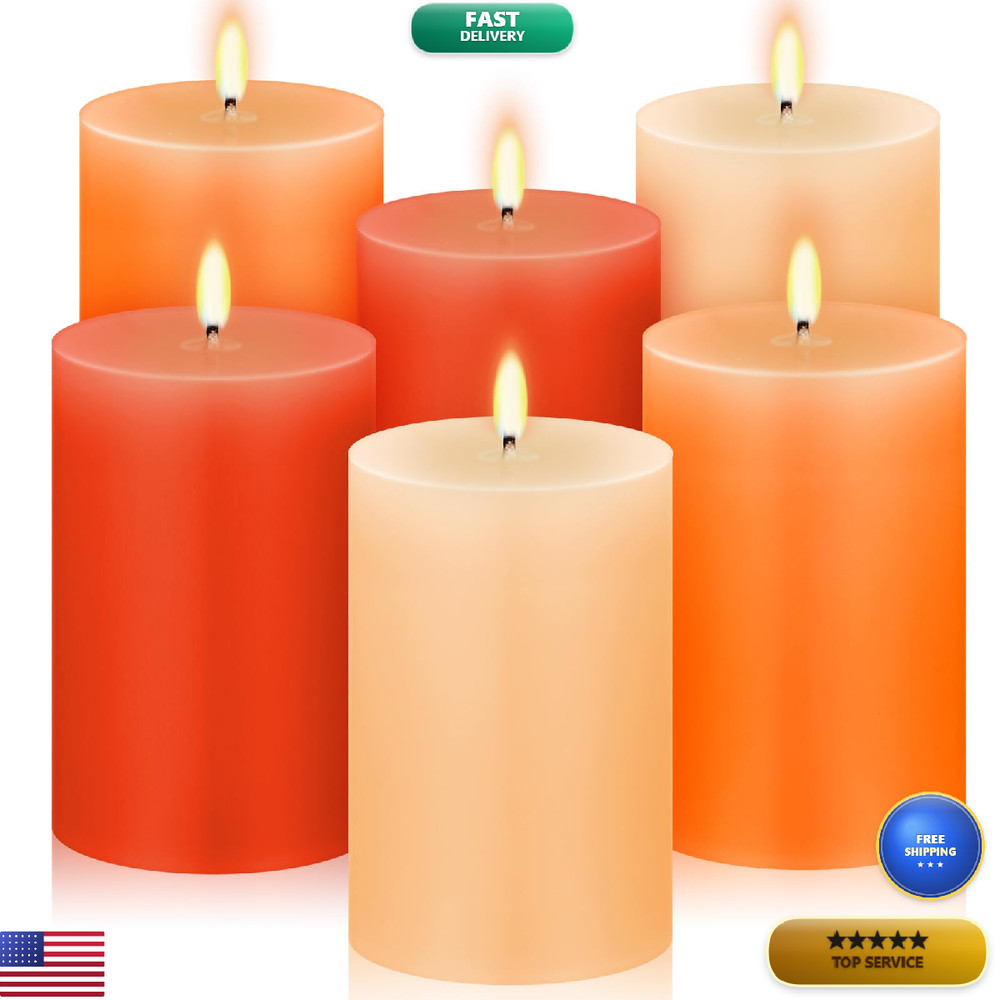 Conelist Set Of 6 Gradient Orange Small Pillar Candles 2 X 3 Inch Unscented
