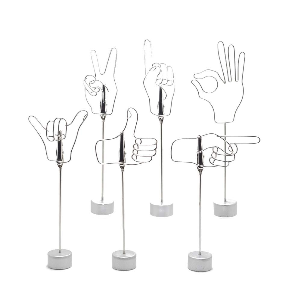 Cute Finger Gesture Desk Photo Display with Clips for Office, Table Silver