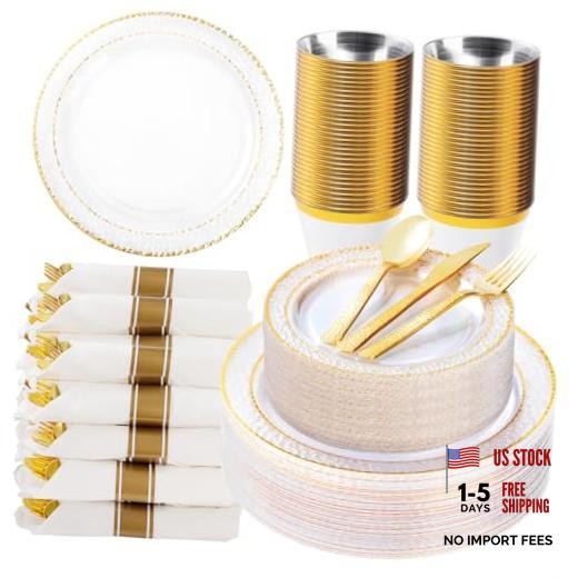 Gold 50-Piece Clear Plastic Plates with Trim for 50 Guests