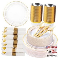 Gold 50-Piece Clear Plastic Plates with Trim for 50 Guests